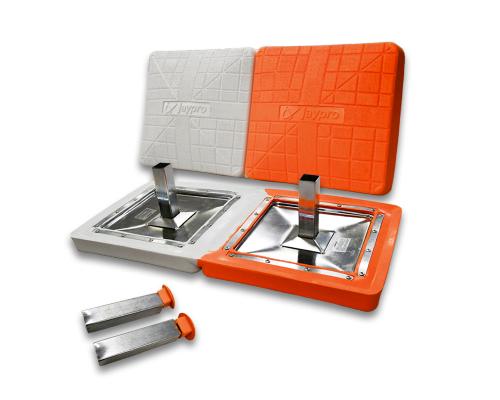 Jaypro Pro-Style Hollywood orange and white double first base with steel stanchions and two removable anchors shown on a white background.