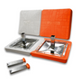 Jaypro Pro-Style Hollywood orange and white double first base with steel stanchions and two removable anchors shown on a white background.
