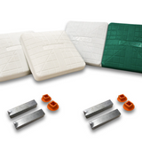 Jaypro Pro-Style Hollywood base set with two white bases, one green-and-white double first base, four metal anchors, and four orange plugs.