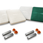 Jaypro Pro-Style Hollywood base set with two white bases, one green-and-white double first base, four metal anchors, and four orange plugs.