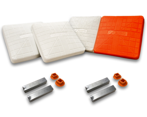Jaypro Pro-Style Hollywood base set with orange and white double first base, white bases, anchors, and plugs for baseball or softball field installation.
