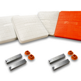 Jaypro Pro-Style Hollywood base set with orange and white double first base, white bases, anchors, and plugs for baseball or softball field installation.