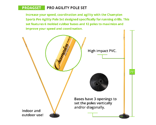 Pro Agility Pole Set 71 inch high impact PVC agility pole with triple-slot rubber base measurement graphic