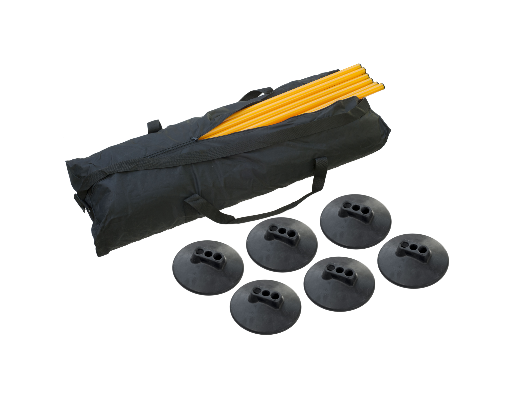 Pro Agility Pole Set with 12 yellow agility poles, 6 rubber bases, and heavy-duty black carrying bag for portable training