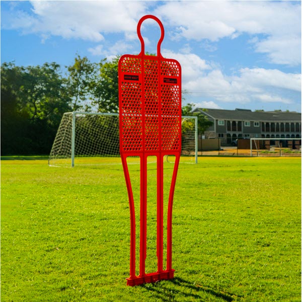 Red soccer training mannequin used in professional drills