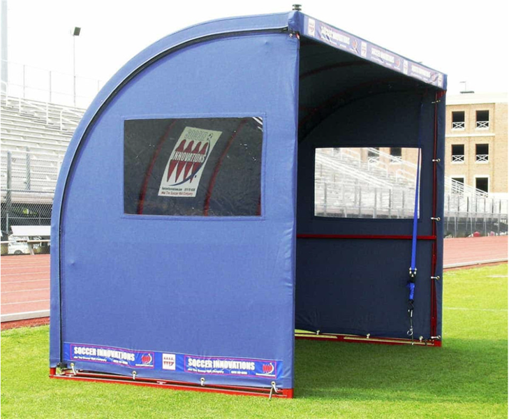 Angled view of customizable referee shelter for professional sideline branding Angled view of customizable referee shelter showing professional sideline branding potential