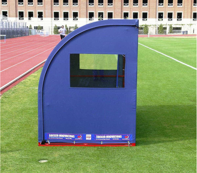 Side view of referee shelter with clear windows Side view of referee shelter showing clear windows for field visibility and weather protection