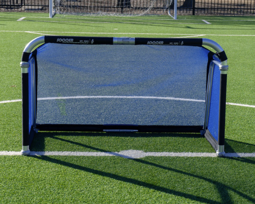 QuickFold® soccer goal with white replacement net and green trim on portable aluminum training goal