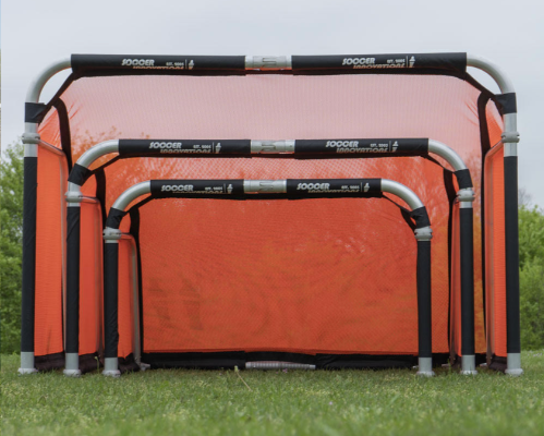 QuickFold® soccer goal with neon orange replacement net on portable aluminum training goal