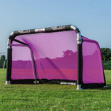 QuickFold® soccer goal with pink replacement net and black trim on portable aluminum training goal