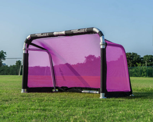 QuickFold® soccer goal with pink replacement net and black trim on portable aluminum training goal