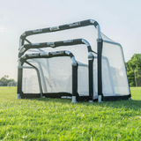 QuickFold® soccer goal with white replacement net and black trim on portable aluminum training goal