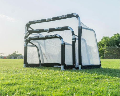 QuickFold® soccer goal with white replacement net and black trim on portable aluminum training goal