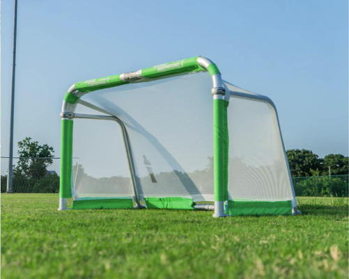 QuickFold® soccer goal with white replacement net and green trim on portable aluminum training goal