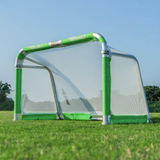QuickFold® soccer goal with white replacement net and green trim on portable aluminum training goal