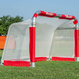 QuickFold® soccer goal with white replacement net and red trim on portable aluminum training goal