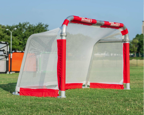QuickFold® soccer goal with white replacement net and red trim on portable aluminum training goal