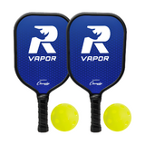 Rhino Pickleball Vapor 2-Player aluminum paddle set with two blue VAPOR100 paddles and optic yellow pickleballs for indoor and outdoor pickleball play