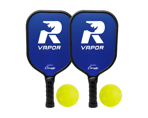 Rhino Pickleball Vapor 2-Player aluminum paddle set with two blue VAPOR100 paddles and optic yellow pickleballs for indoor and outdoor pickleball play