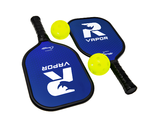 Rhino Pickleball Vapor 2-Player aluminum paddle set with two blue VAPOR100 paddles and optic yellow pickleballs laid flat on white background