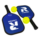 Rhino Pickleball Vapor 2-Player aluminum paddle set with two blue VAPOR100 paddles and optic yellow pickleballs laid flat on white background