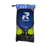 Rhino Pickleball Vapor 2-Player aluminum paddle set in retail mesh carry bag with blue VAPOR100 paddle and optic yellow pickleballs for indoor outdoor play