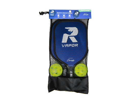 Rhino Pickleball Vapor 2-Player aluminum paddle set in retail mesh carry bag with blue VAPOR100 paddle and optic yellow pickleballs for indoor outdoor play