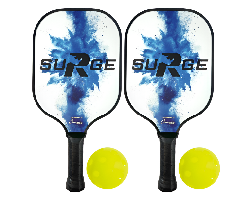 Rhino Surge Pickleball Paddle 2-player set with two lightweight composite paddles and yellow outdoor pickleballs