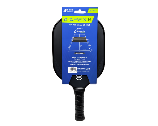 Rhino Apex Pickleball Paddle close-up showing textured fiberglass face, edge guard detail, and ultra-cushion grip for control and comfort