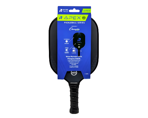 Rhino Apex Pickleball Paddle in retail packaging showing USA Pickleball approved fiberglass paddle with ProPolyCore2™ technology