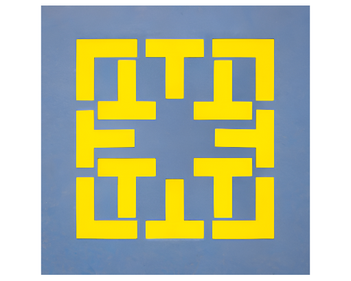 Rhino Pickleball Court Marker Set full 12-piece bright yellow T and L shaped portable boundary markers arranged on blue court surface