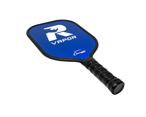 RHINO Pickleball VAPOR Paddle flat lay view showing blue dual-plated aluminum face, black edge guard, and textured EVA padded grip on white background
