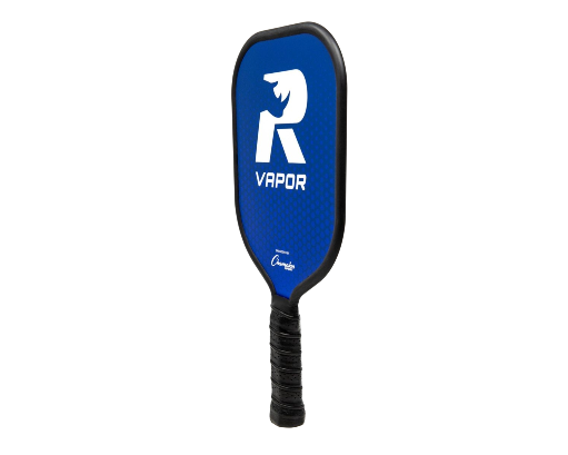 RHINO Pickleball VAPOR Paddle left-side angled view featuring blue aluminum face, black protective edge guard, and cushioned EVA grip on white background