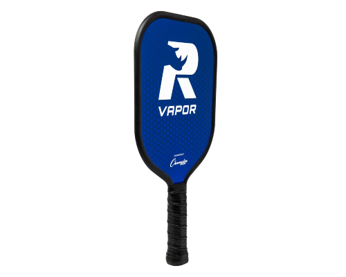 RHINO Pickleball VAPOR Paddle angled side view showing blue dual-plated aluminum face, black edge guard, and EVA padded grip on white background