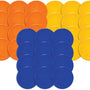 Round poly spot markers set showing blue, orange, and yellow 10-inch non-skid vinyl floor markers for gym class, PE, and sports training drills