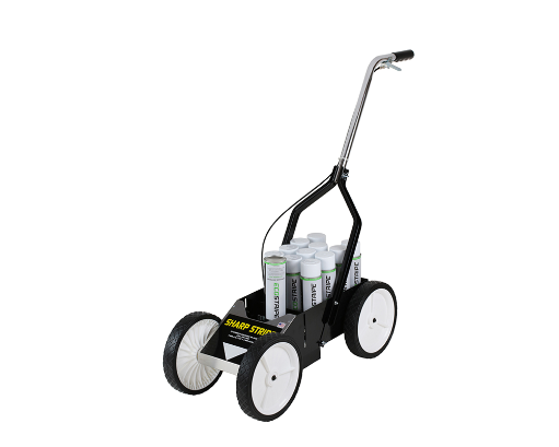 SS10 aerosol field paint striping machine with 10-inch wheels and all-metal frame, holding inverted EcoStripe spray cans for marking football, soccer, lacrosse, and athletic grass fields – Offered by Goals4Sports®