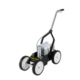 SS10 aerosol field paint striping machine with 10-inch wheels and all-metal frame, holding inverted EcoStripe spray cans for marking football, soccer, lacrosse, and athletic grass fields – Offered by Goals4Sports®