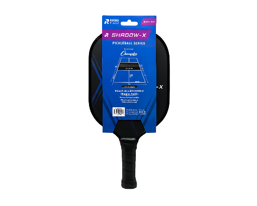 RHINO Pickleball Shadow-X Paddle retail packaging showing pickleball court dimension diagram, fiberglass paddle construction, and black ergonomic grip on white background