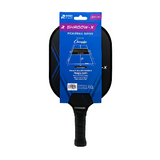 RHINO Pickleball Shadow-X Paddle retail packaging showing pickleball court dimension diagram, fiberglass paddle construction, and black ergonomic grip on white background