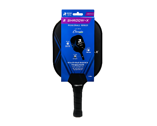 RHINO Pickleball Shadow-X Paddle packaging highlighting fiberglass construction, polymer honeycomb core, DuraGrip handle, and lightweight paddle design on white background