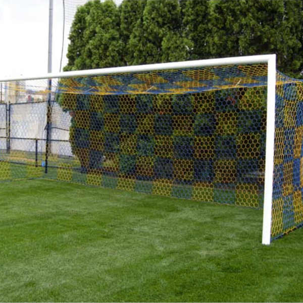 Two Tone 3mm Hex Soccer Nets - Blue and Gold on Goal