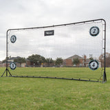 Outdoor sports training net with numbered sections on a grassy field