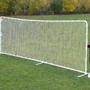 Soccer training rebounder with aluminum frame and mesh net for passing and first touch drills on soccer field