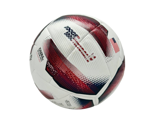 Spark Soccer Ball 2026 USA edition size 5 in red white and blue on grass with goal net in background