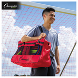 Athlete carrying Speed & Agility training kit bag on soccer field for portable conditioning workouts