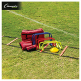 Complete Speed & Agility Kit equipment layout with hurdles, cones, ladders and carry bag on grass field