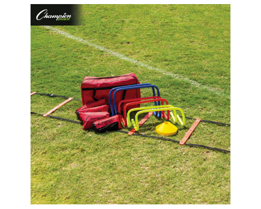Complete Speed & Agility Kit equipment layout with hurdles, cones, ladders and carry bag on grass field