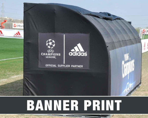 Custom MVP team shelter replacement cover with banner print sponsor panel on black sideline bench shelter