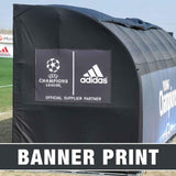 Custom MVP team shelter replacement cover with banner print sponsor panel on black sideline bench shelter