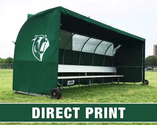 Custom MVP team shelter replacement cover with direct print logo on green sideline bench shelter on grass field